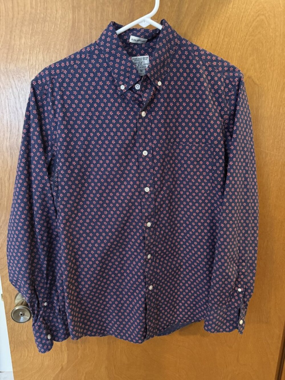 J. Crew Secret Wash Navy Floral Shirt Size Medium Slim Untucked Stretch Boho